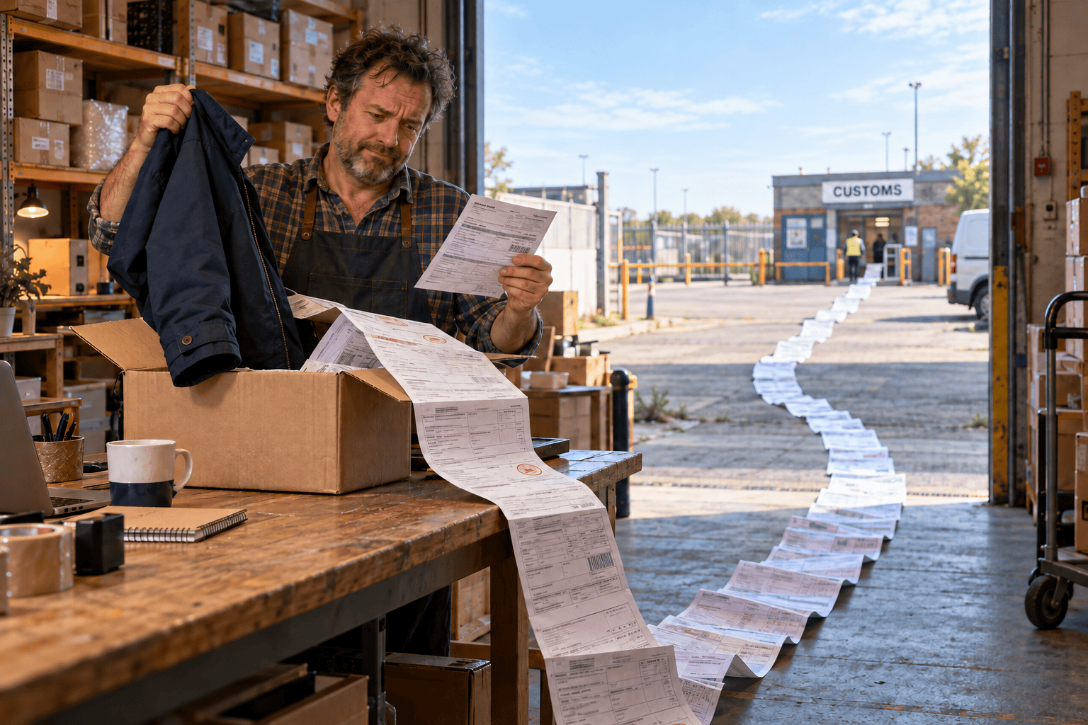 Merchant handling paperwork at customs