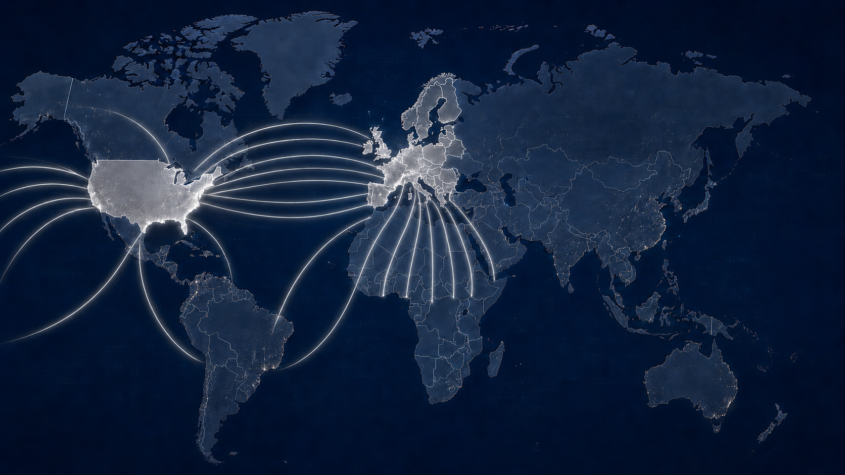 World map showing international trade routes into the United States and European Union