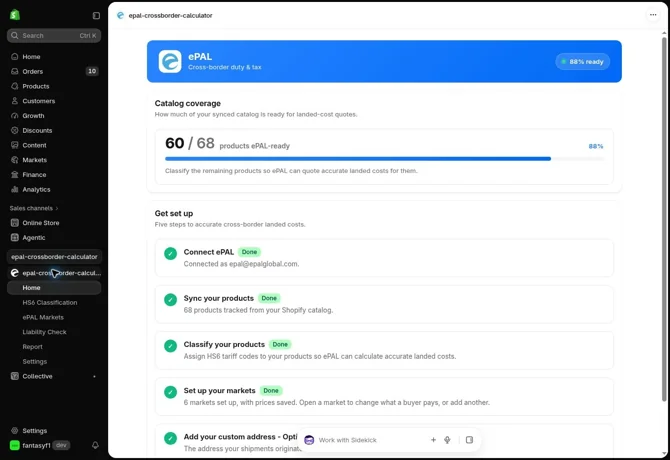 The connected app dashboard shows setup progress and products already synced from Shopify.