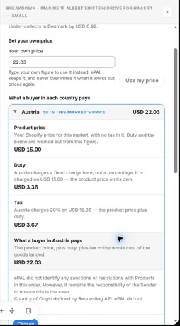 Austria calculation: USD 15.00 product + USD 3.36 duty + USD 3.67 tax = USD 22.03.
