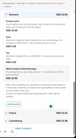 Denmark calculation: USD 15.00 product + USD 3.36 duty + USD 4.59 tax = USD 22.95.