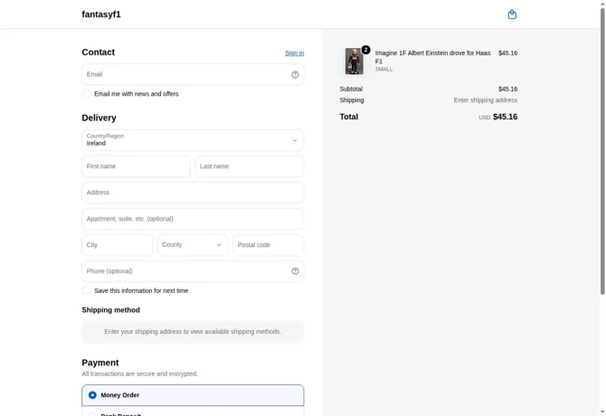 Checkout keeps the two-unit product subtotal. Shipping is pending an address; no customer details or payment have been entered.