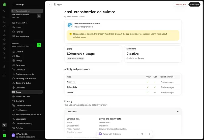 This development store’s approved app plan shows $0/month + usage. Test-store pricing does not replace the production subscription described in this guide.