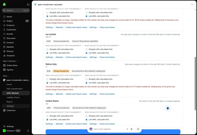 An actual warning highlights a possible mismatch between the merchant’s duty-handling answers and duty collected on recent Shopify orders.