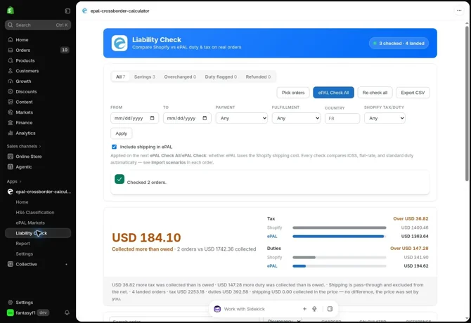 Liability Check is inside the Shopify app. Its overview compares available Shopify and ePAL duty/tax figures.