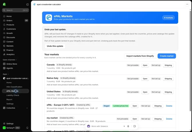 ePAL Markets distinguishes existing Shopify markets, ePAL-created markets, staged work and landed prices already live.