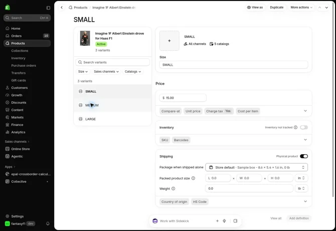 Shopify’s SMALL variant has a USD 15.00 source price. “Charge tax: Yes” does not by itself mean tax is included in that price.
