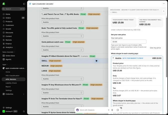 Open a variant’s price breakdown to inspect its components and the “Your own price” control before choosing a selling price.