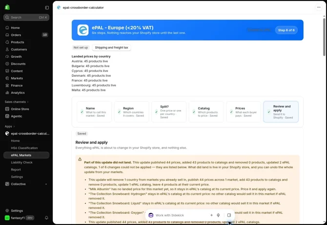 Review and apply summarises the planned changes. This example also shows a warning from a previous partially applied update; resolve it before retrying.
