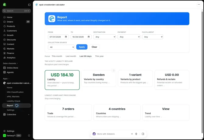 Report is inside the Shopify app. Choose a date range and filters, then open the required reporting view.