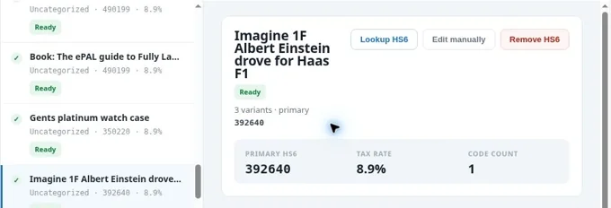 Review the Einstein figurine’s saved six-digit HS6 code, 392640, in HS6 Classification.