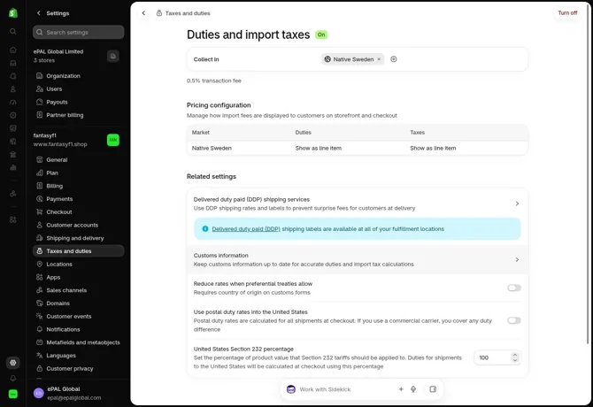 Shopify’s Duties and import taxes screen shows where native collection is enabled. This is a test-store configuration, not a universal recommended setting.